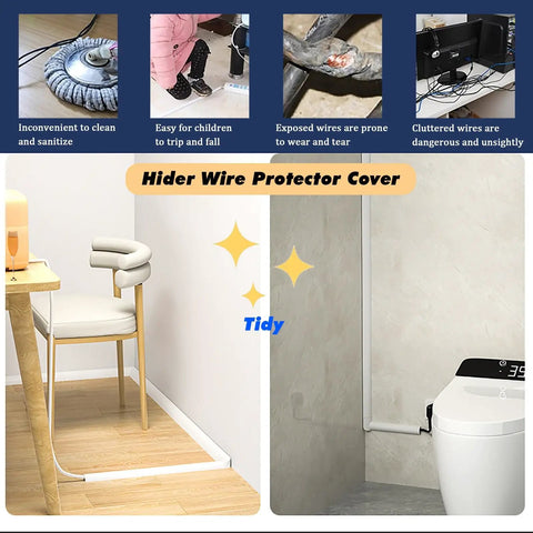 Exterior Waterproof Cable Raceway Kit For 6 Cables No Drill Self Adhesive Cord Protector shown on wall and floor in white