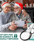 Elderly couple exchanging gifts next to Handheld Illuminated Magnifier With 10x 25x 45x Zoom And 12 LED Lights Three Light Modes