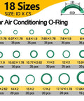 485 Piece Metric AC O Ring Kit For Automotive HVAC Systems Green O Rings Compatible With R12 And R134a Refrigerants Fits Car AC Compressor Condenser Hoses And Lines In Durable Clear Case. Image shows 18 sizes of green O-rings with measurements.