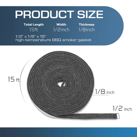 LavaLock smoker gasket roll, 15 ft, self-adhesive, 1/2 in x 1/8 in, dark gray