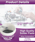 Pro Grade Sn63 Pb37 Solder Paste With T4 20-38 Micron Particles And 183 C Melting Point For Electronics PCBs And BGA Soldering No Clean Flux Ready To Use 100G, with tub and electronic repair context.
