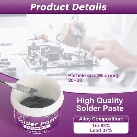 Pro Grade Sn63 Pb37 Solder Paste With T4 20-38 Micron Particles And 183 C Melting Point For Electronics PCBs And BGA Soldering No Clean Flux Ready To Use 100G, with tub and electronic repair context.