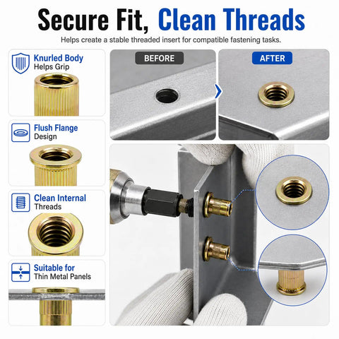 Pro Grade Carbon Steel Rivet Nut Tool Kit With Sixty Press In Thread Inserts For Weekend Warriors And Auto Pros Wanting Heavy Duty Fastening Gear That Actually Holds Up Strong showing knurled threaded inserts for thin metal panels.