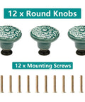 Slick Green Ceramic Cabinet Knobs 12 Piece Set, round knobs with floral design and mounting screws for furniture upgrade.