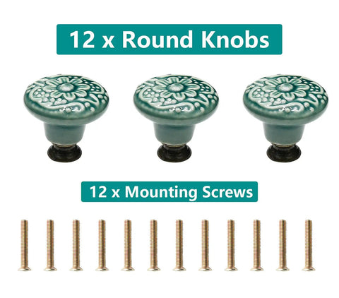 Slick Green Ceramic Cabinet Knobs 12 Piece Set, round knobs with floral design and mounting screws for furniture upgrade.