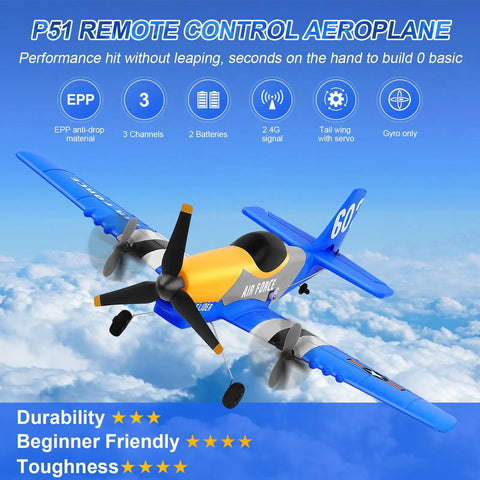 Three Channel Two Point Four GHz RC Plane With Gyro Stabilization P51D Mustang Style Fighter Aircraft in flight demonstration
