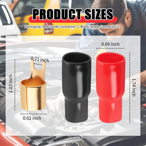 Top Tier 0 Gauge Fork Connectors For Car Audio Power Cables, showcasing gold, black, and red connectors with size measurements.