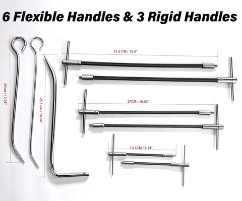 Pro-Grade 23-Piece Packing Puller Kit: Stainless Steel Gland Extractor Set with 6 flexible and 3 rigid shafts shown.