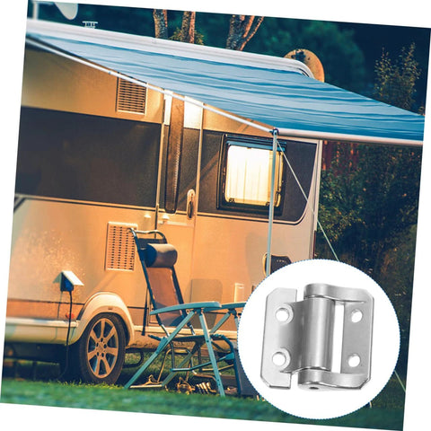 heavy duty zinc alloy cabinet hinges for caravan door repair, shown in use with camping setup and blue awning.