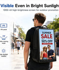 21.5 Inch Touchscreen Advertising Backpack Packing Android 11 And A Hella Crisp Display worn by a person promoting summer sale outdoors.