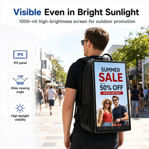 21.5 Inch Touchscreen Advertising Backpack Packing Android 11 And A Hella Crisp Display worn by a person promoting summer sale outdoors.