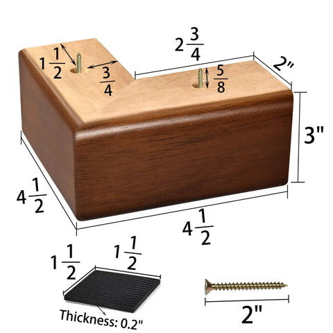 Solid Wood Furniture Risers L Shaped Bed Lifters 3 Inch Couch Feet For Sofa Table 4 Pack dimensions and hardware display.