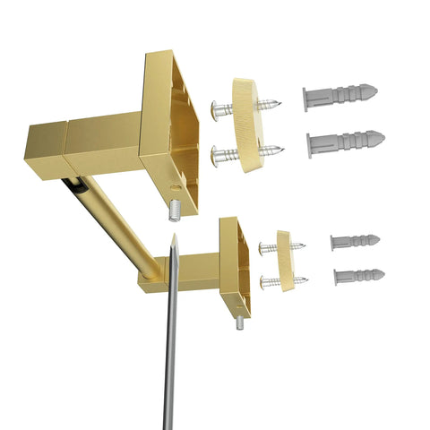 Installation components of Gold Toilet Paper Holder Wall Mount With Double Post Pivoting Design in brushed gold finish.