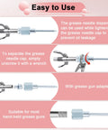 7Pcs Grease Gun Needle Tips Kit with 5 Nozzles, 1 Needle Dispenser, and 1 Rubber Adapter shown with assembly instructions