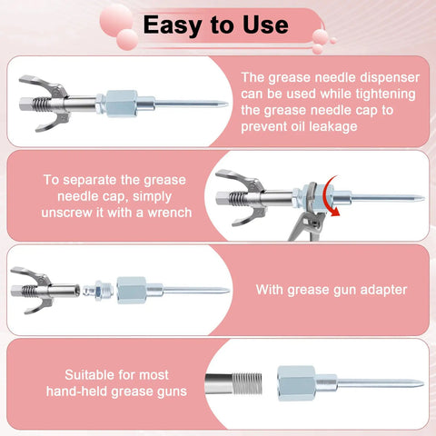 7Pcs Grease Gun Needle Tips Kit with 5 Nozzles, 1 Needle Dispenser, and 1 Rubber Adapter shown with assembly instructions