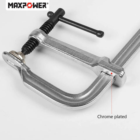 Heavy Duty F Clamp Set 12 Inch Jaw Opening And Four And Three Quarters Inch Throat Depth Pack Of Two for welding, close-up of chrome-plated detail