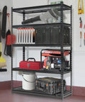 Commercial Grade Five Tier Steel Shelving Unit With Fully Adjustable Heights Rock Solid Workhorse For Warehouse And Garage Setup 2500 Lb Capacity Tough As Nails Metal Storage Rack with tools and equipment organized.