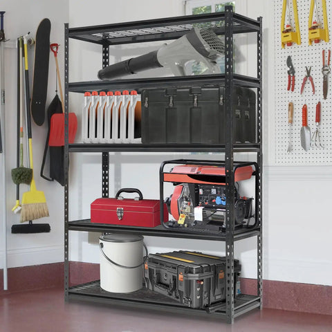 Commercial Grade Five Tier Steel Shelving Unit With Fully Adjustable Heights Rock Solid Workhorse For Warehouse And Garage Setup 2500 Lb Capacity Tough As Nails Metal Storage Rack with tools and equipment organized.