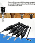 No Hassle Countersink Drill Bit Kit For Woodworking Tools with adjustable depth stop and hex shank, showing precision bits and an Allen wrench.