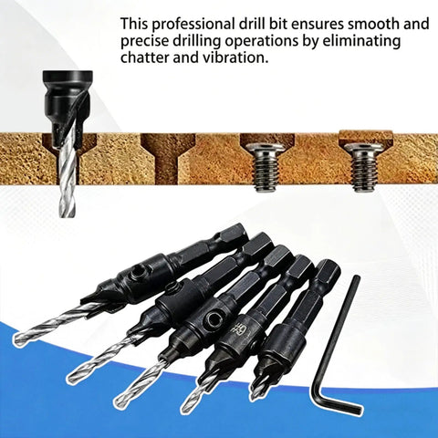 No Hassle Countersink Drill Bit Kit For Woodworking Tools with adjustable depth stop and hex shank, showing precision bits and an Allen wrench.