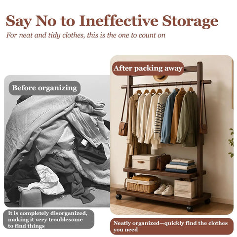 Heavy Duty Bamboo Rolling Clothing Rack With Wheels And Storage Shelves Hella Sturdy Garment Stand Featuring Five Durable Hooks For Versatile Decor