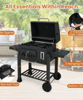 Barrel Charcoal Grill With Side Tables And Wheels, 544 Sq In Total Cooking Space, portable outdoor BBQ, open lid view