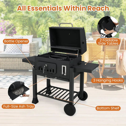 Barrel Charcoal Grill With Side Tables And Wheels, 544 Sq In Total Cooking Space, portable outdoor BBQ, open lid view