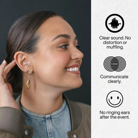 Smiling person wearing concert ear plugs for clear live sound with noise reduction up to 26dB, high fidelity reusable earplugs.