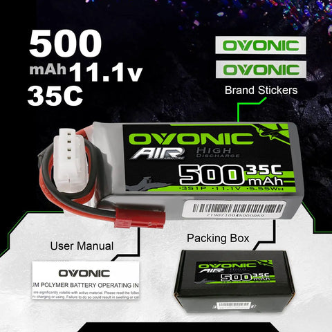 3S 11.1V 500mAh 35C LiPo Battery With JST Connector For RC Plane Helicopter Quadcopter FPV Racing Drone Two Pack Soft Case Included Compact 57 By 25 By 17mm Size Great For Long Lasting Power, brand stickers, user manual, packing box visible