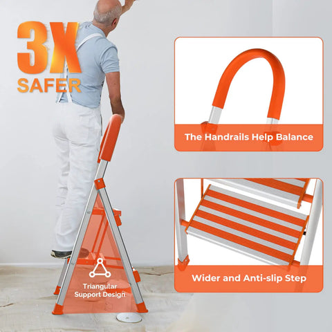 Man using 2 Step Aluminum Ladder Portable Folding Step Stool For Home And Kitchen Lightweight Sturdy 500 Lbs EN131 Anti Slip Handgrip