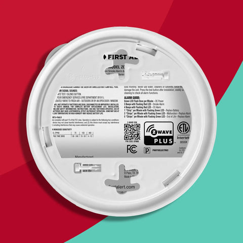 Battery Powered ZWave Smoke And Carbon Monoxide Alarm That Works With Ring Alarm Base Station, back view, label details