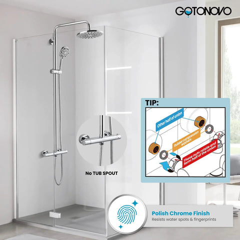 Thermostatic Shower Faucet Exposed Bathroom Setup With 8 Inch Round Wall Mounted Shower Head And ABS Handheld Sprayer No Tub Spout Eight Adjustable Modes Polished Chrome Finish Anti Scald Core High Quality Brass And Stainless Steel in modern bathroom