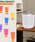 Rotating Cup Dispenser With Four Compartments And Lid Holder showing cup sizes 3 to 16 oz on a kitchen countertop