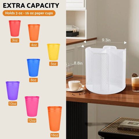 Rotating Cup Dispenser With Four Compartments And Lid Holder showing cup sizes 3 to 16 oz on a kitchen countertop