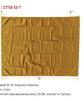 10 X 12 Tan Canvas Tarp With 12 Oz Heavy Duty Water Resistant Polyester, shown flat with grommets and measurements