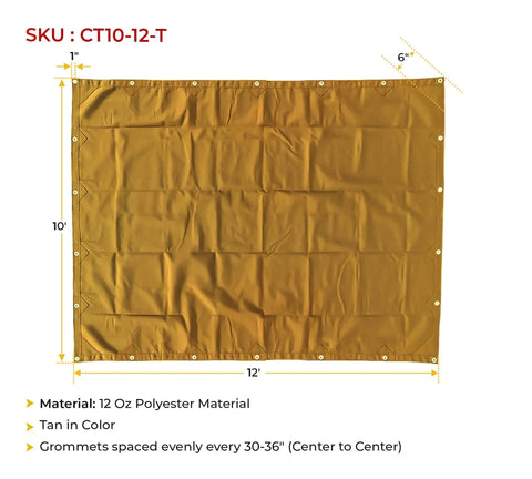 10 X 12 Tan Canvas Tarp With 12 Oz Heavy Duty Water Resistant Polyester, shown flat with grommets and measurements