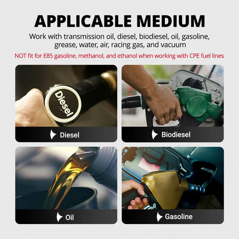 Applicable medium for 20 Gallon Aluminum Fuel Cell Tank With Level Sender And 6AN 12Ft CPE Fuel Line Kit Silver Race Ready Tank With AN10 Inlet Outlet For Racing Cars Not For E85 Gas showing compatible fuels like diesel, biodiesel, oil, and gasoline.