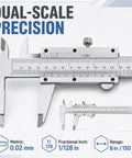 Close-up of a 6 Inch Vernier Caliper Measuring Tool, Non-Digital Dual Scale, 0-150mm showing measurement scales and precision details.