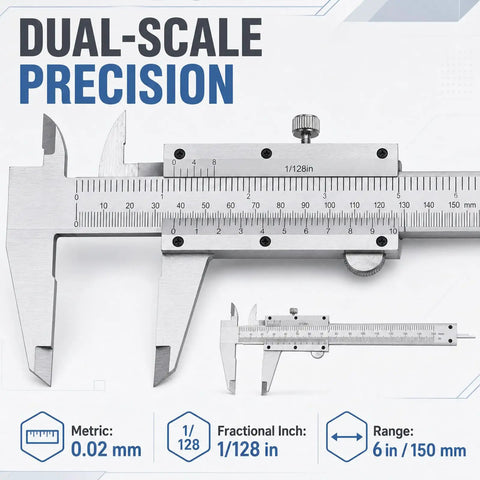 Close-up of a 6 Inch Vernier Caliper Measuring Tool, Non-Digital Dual Scale, 0-150mm showing measurement scales and precision details.