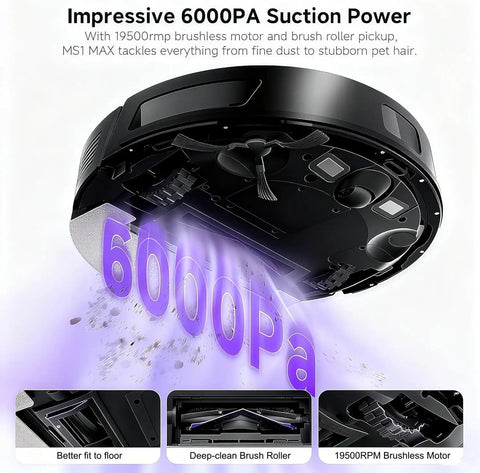 Beast Robot Vacuum And Mop Combo with 6000Pa suction power, 19500RPM brushless motor, showcasing underside and brush roller