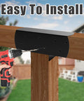 2 Pack 4 By 4 3 Way T Shaped Pergola Brackets Metal Wood Post Connector shown being installed with drill in outdoor setting