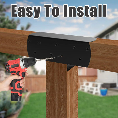 2 Pack 4 By 4 3 Way T Shaped Pergola Brackets Metal Wood Post Connector shown being installed with drill in outdoor setting