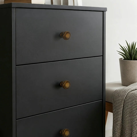 Close-up of dresser with Matte Black Cabinet Knobs 10 Pack Zinc Alloy Furniture Hardware For Kitchen Cabinets Dressers And Drawers