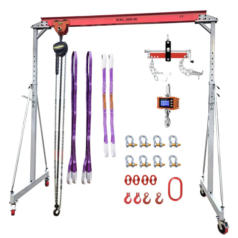 Beefed Up Heavy Duty Gantry Crane 2000 Lb Portable Lift With Trolley Hoist And Rigging Kit Ten Point Five Feet Wide From Nine To Thirteen Feet High Includes Crane Scale Engine Lever And Extra Large Capacity Industrial Crane, showing full kit with hoist and straps.