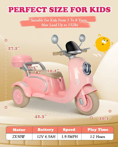 12V Dual Motor Ride On Motorcycle For Kids With Two Seats Pink Electric Moped For Indoor Outdoor Adventures Flip Up Rear Seat One Hour Run Time Easy Start For Little Riders, pink scooter size chart