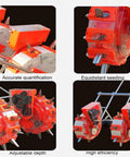 Hand Push Garden Seeder With Roller Seeders, Double Seed Action for Efficiency, 12 Nozzles, 8 Seed Wheels in use.