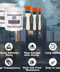 Easy To Apply Invisible Waterproof Sealant For Transparent Rainproof Coating And Leak Proof Adhesive Water Based Formula For DIY Repairs And Long Lasting Water Resistance with three paint brushes against a rainy house backdrop