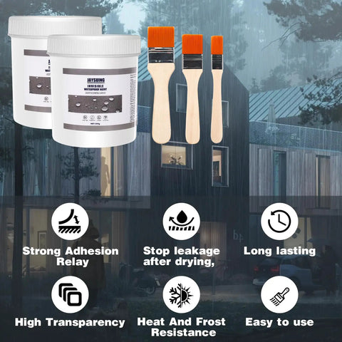 Easy To Apply Invisible Waterproof Sealant For Transparent Rainproof Coating And Leak Proof Adhesive Water Based Formula For DIY Repairs And Long Lasting Water Resistance with three paint brushes against a rainy house backdrop