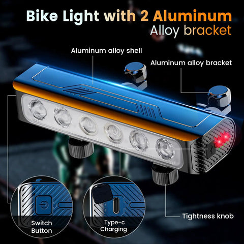 Ultra Bright Bike Headlight And Taillight Set With 6 LEDs 12000 Lumens, aluminum alloy shell, mounting brackets visible