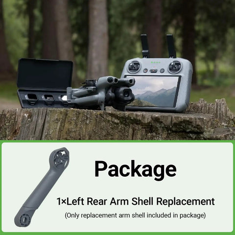 Package showing Rear Left Arm Shell Replacement for DJI Mini 5 Pro Drone with controller, lightweight durable plastic.